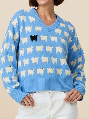 Warm & Wonderful Women's Diana Edition Cotton Linen V-Neck Sheep Sweater Blue, S